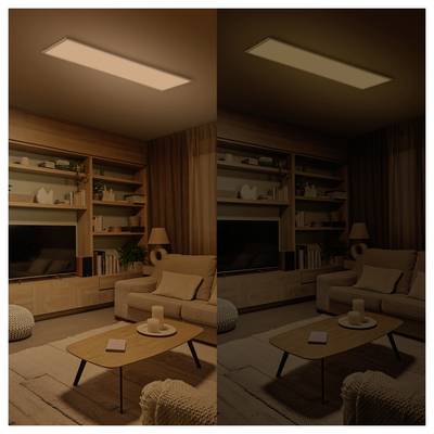 Split-screen living room comparison: left is brightly lit by a ceiling light, right is much dimmer, showing lighting contrast in the same room.