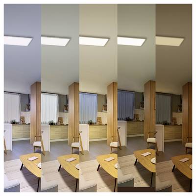 Five side-by-side views of the same living room showing different lighting and color temperatures, from cool daylight to warm evening tones.