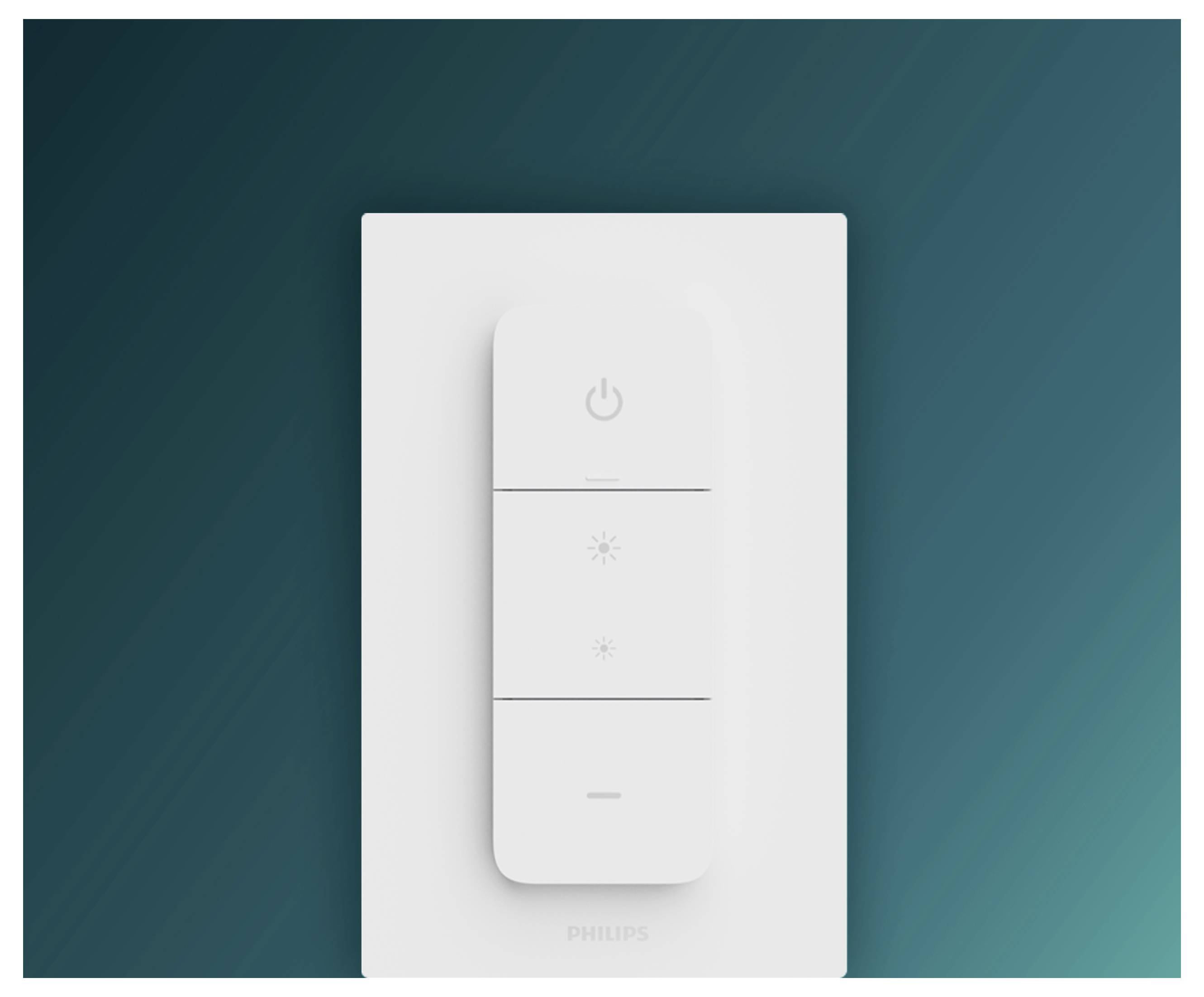 White Philips wall-mounted light switch or remote panel with power and brightness symbols on a teal background