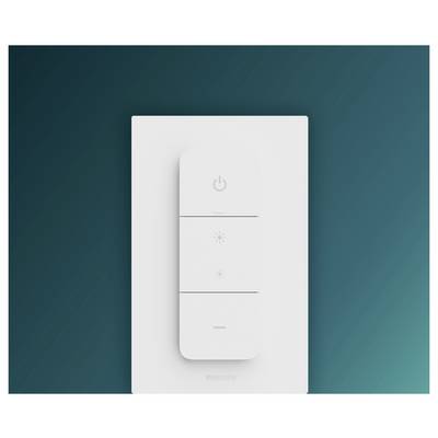 White Philips wall-mounted light switch or remote panel with power and brightness symbols on a teal background