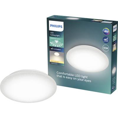 Philips LED ceiling light package with a white oval light fixture pictured on the box and shown separately in front; labeled 10W and EyeComfort.