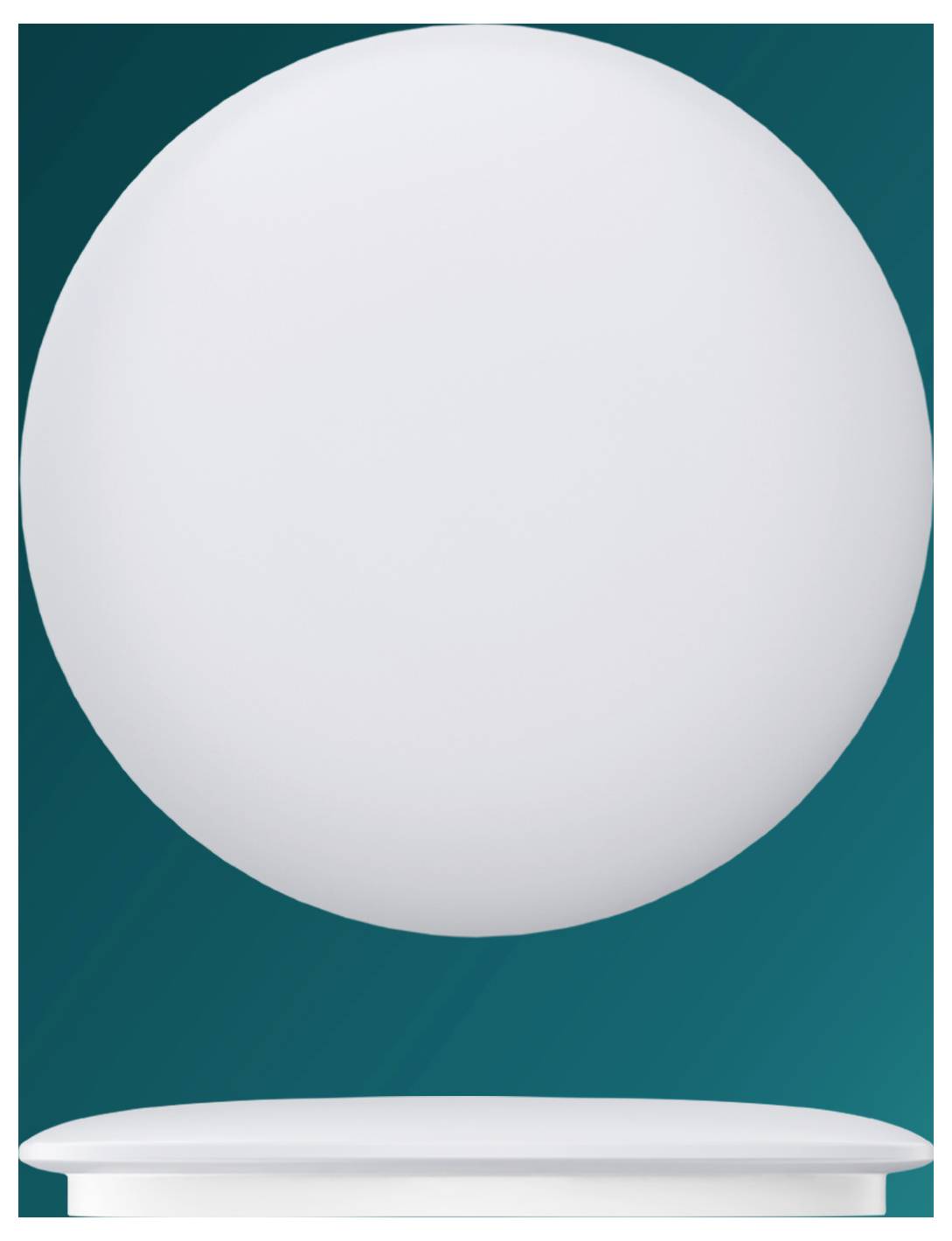 Large blank white circle above a white oval base on a teal background, resembling a podium or display stand.
