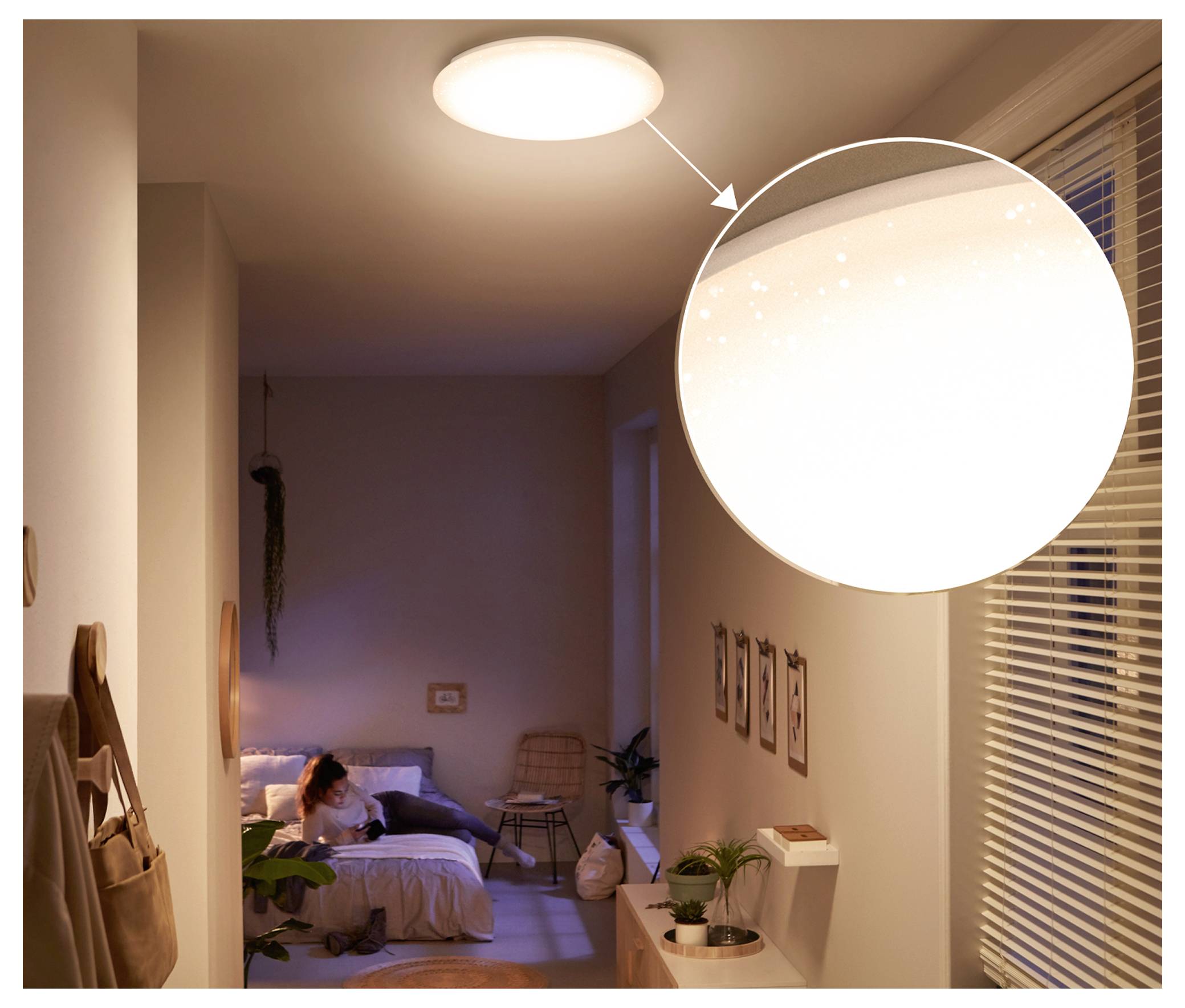 Bedroom scene showing a ceiling light, with a magnified inset highlighting its illuminated panel.
