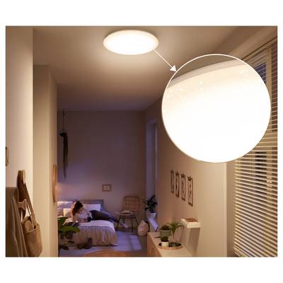 Bedroom scene showing a ceiling light, with a magnified inset highlighting its illuminated panel.