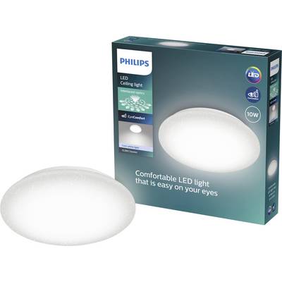 Philips LED ceiling light packaging beside a white oval ceiling light, labeled 10W and 'Comfortable LED light that is easy on your eyes'