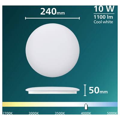 Product diagram of a 240 mm, 10 W LED light panel, 1100 lm, cool white, with 50 mm height and color temperature scale from 2700K to 5000K, marker at 4000K.