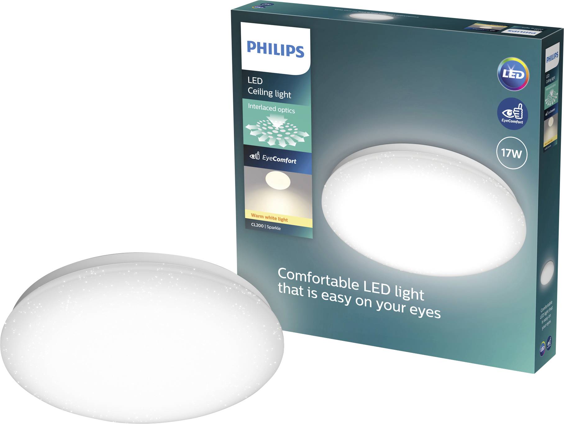 Philips LED ceiling light with oval white diffuser, shown beside its retail box labeled 'Comfortable LED light that is easy on your eyes' and 17W.