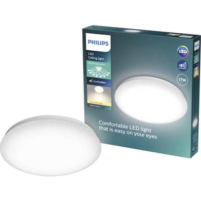 Philips LED ceiling light with oval white diffuser, shown beside its retail box labeled 'Comfortable LED light that is easy on your eyes' and 17W.