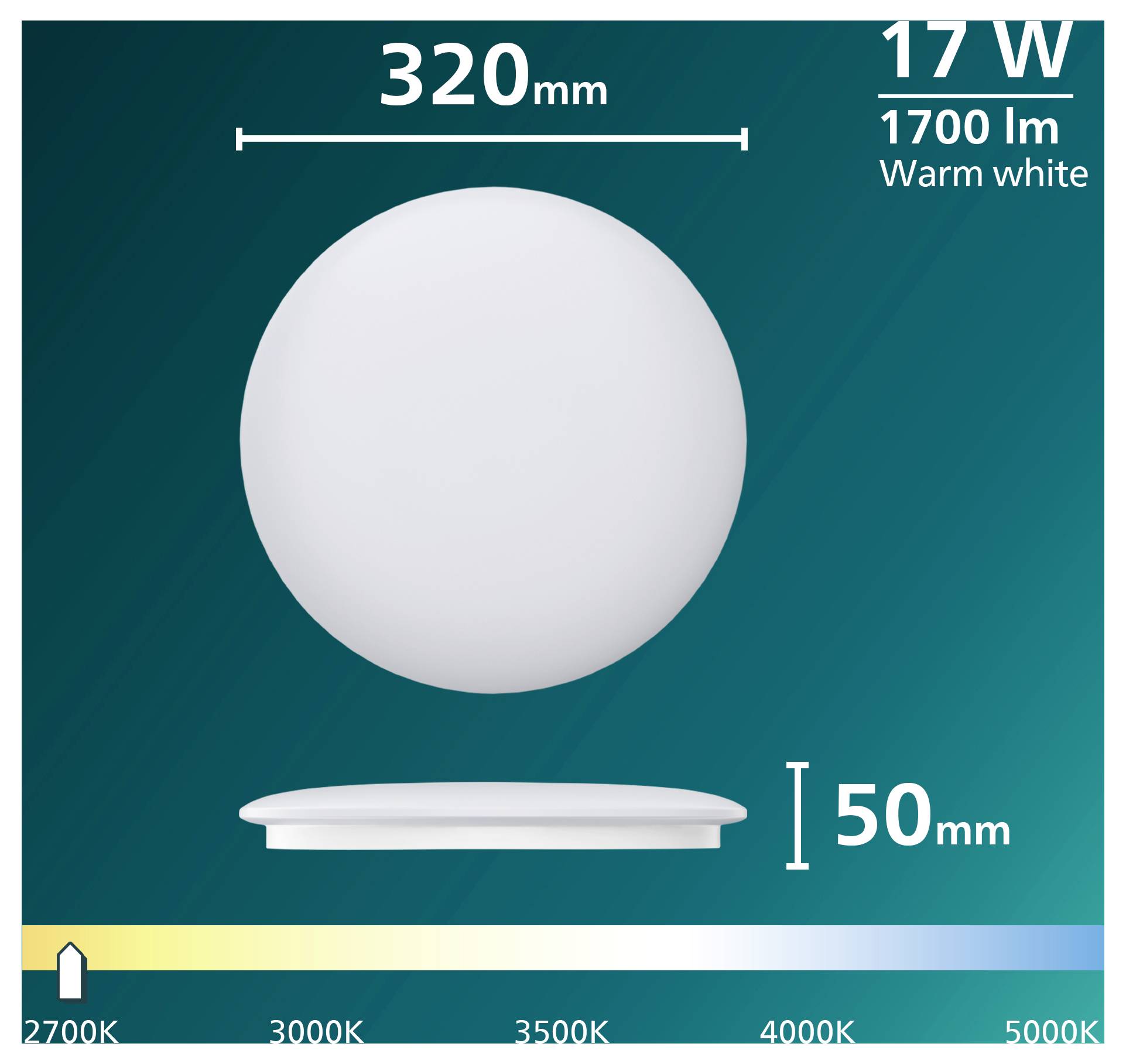 LED ceiling light, 320 mm wide and 50 mm high, 17 W, 1700 lm, warm white, color temperature range 2700K to 5000K.