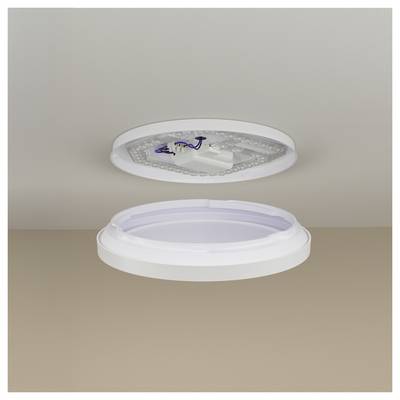 Round ceiling light fixture shown in two parts, with the cover removed to reveal the internal LED components and wiring.