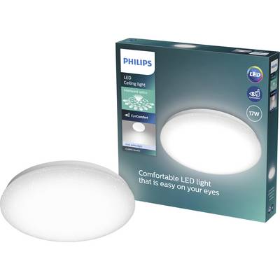 Philips 17W LED ceiling light shown with its product box, featuring a round white lamp and 'Comfortable LED light that is easy on your eyes' branding.