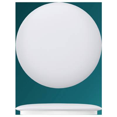 Blank white sphere hovering above a white pedestal on a teal background.<br>