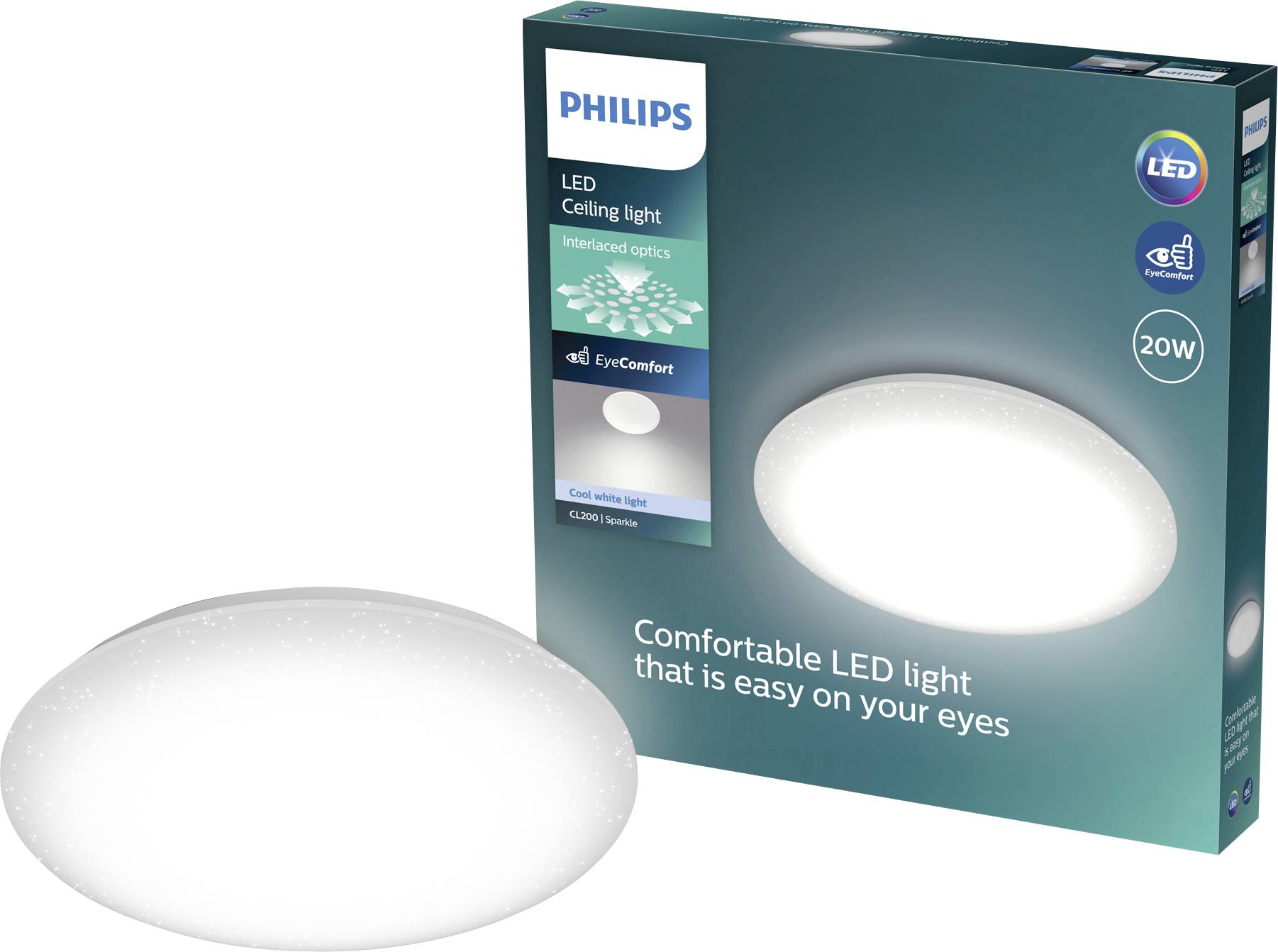 Philips LED ceiling light package and round white light fixture, labeled 20W and 'Comfortable LED light that is easy on your eyes'.
