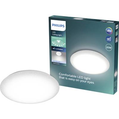 Philips LED ceiling light package and round white light fixture, labeled 20W and 'Comfortable LED light that is easy on your eyes'.