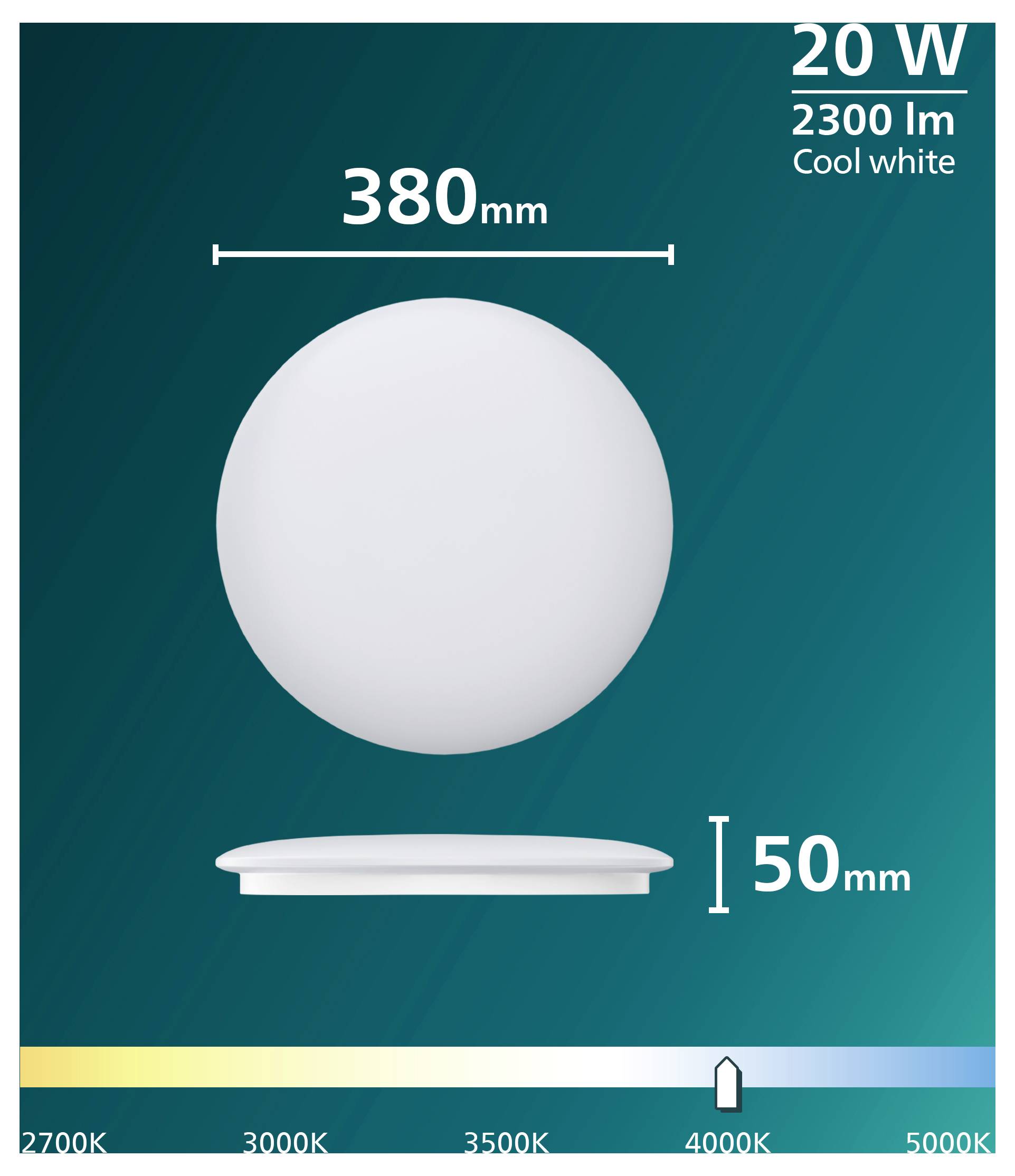 Product graphic for a 20 W cool white LED light: 2300 lm, 380 mm wide, 50 mm high, with a color temperature scale from 2700K to 5000K set at 4000K.