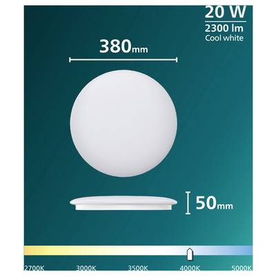 Product graphic for a 20 W cool white LED light: 2300 lm, 380 mm wide, 50 mm high, with a color temperature scale from 2700K to 5000K set at 4000K.