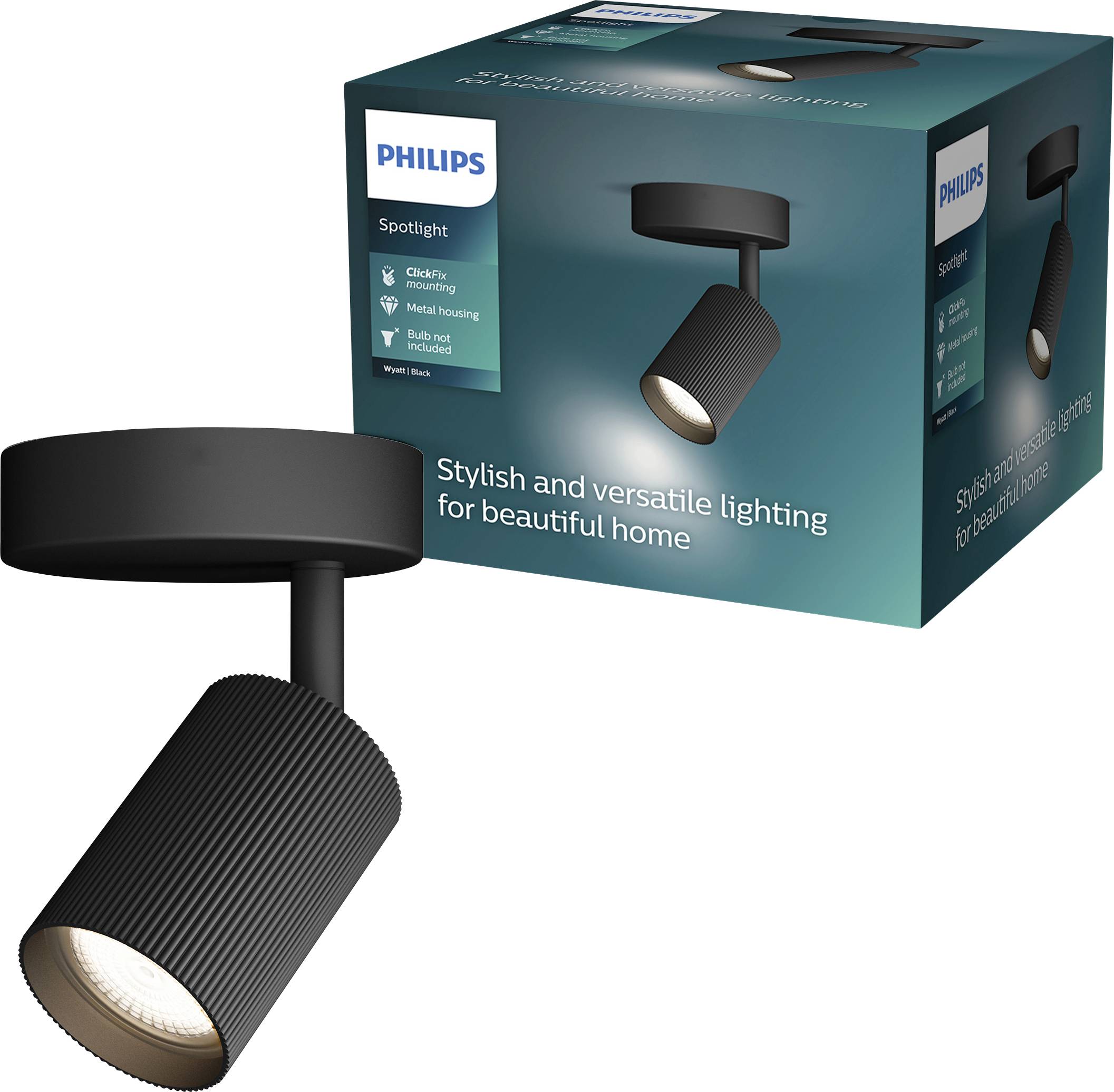 Philips Spotlight ceiling light and product box with the slogan 'Stylish and versatile lighting for beautiful home'.