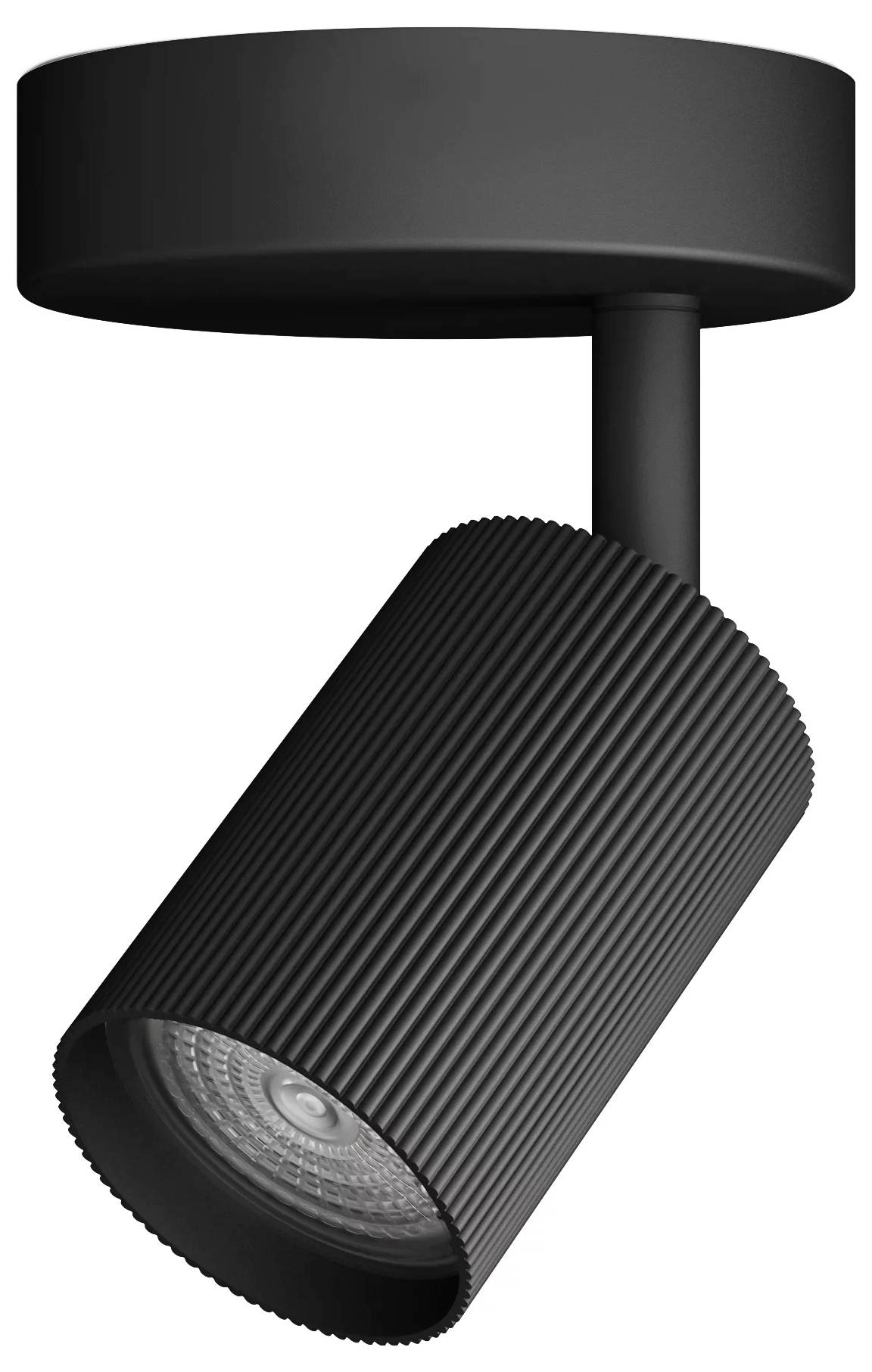 Black adjustable spotlight mounted on a round ceiling base, angled downward for focused illumination.