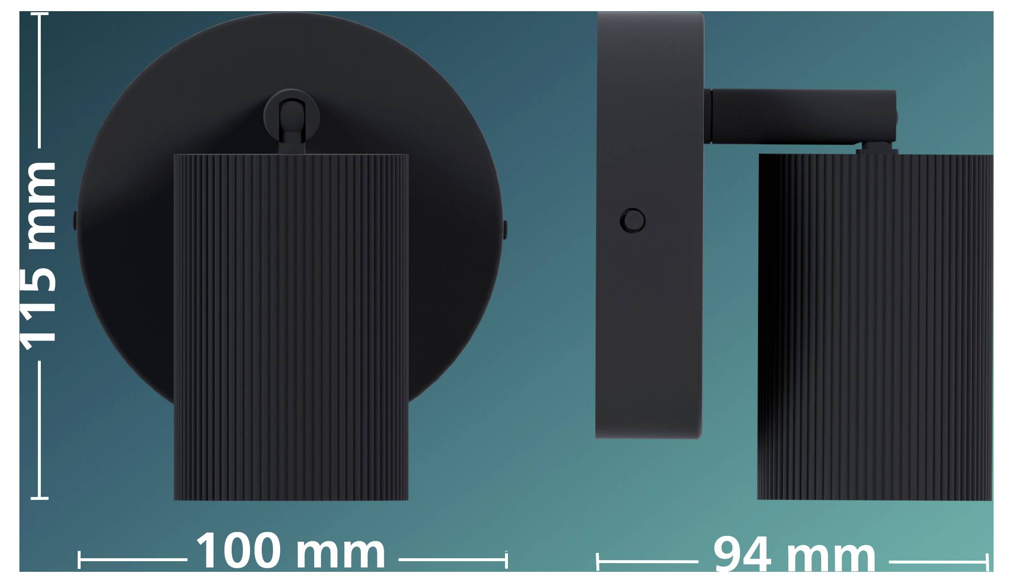 Product dimensions illustration of a black wall light, showing front and side views with measurements: 115 mm high, 100 mm wide, and 94 mm deep.<br>