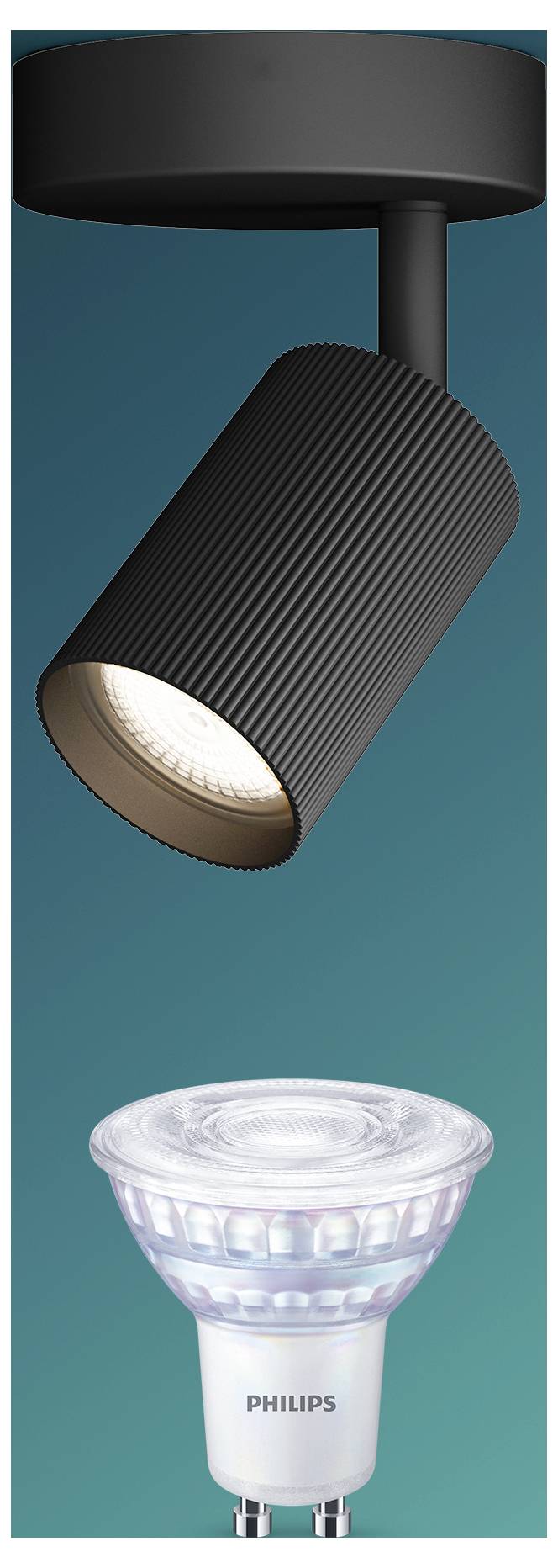 Illustration of a Philips adjustable spotlight, showing the black ceiling mount, angled lamp head, and a glowing bulb, with the bulb design displayed below.