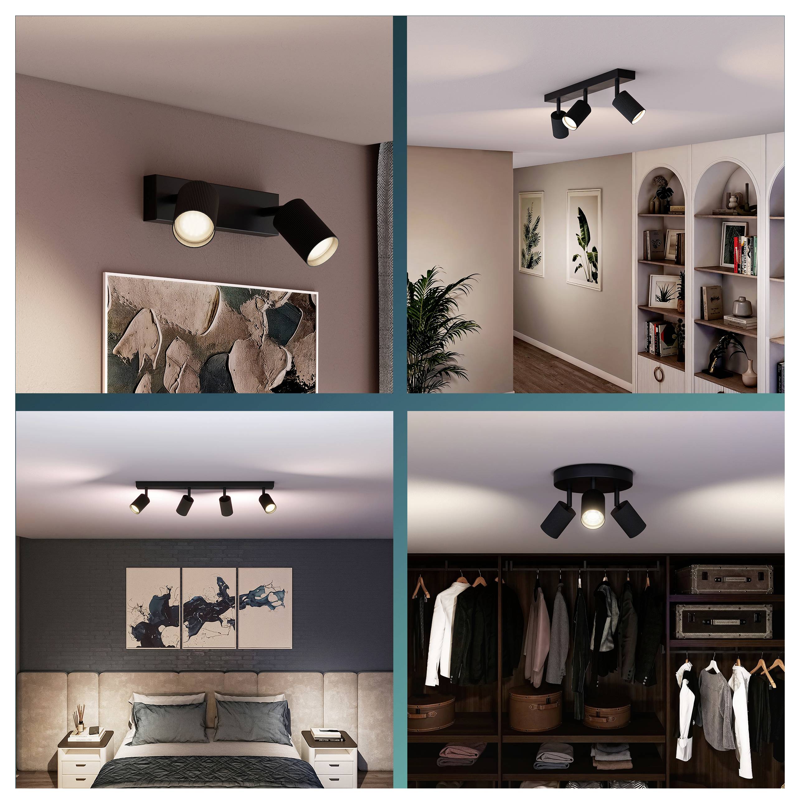 Four photos show black adjustable track and spotlight fixtures on ceilings and walls in a home interior, illuminating a bedroom, hallway, and walk-in closet.