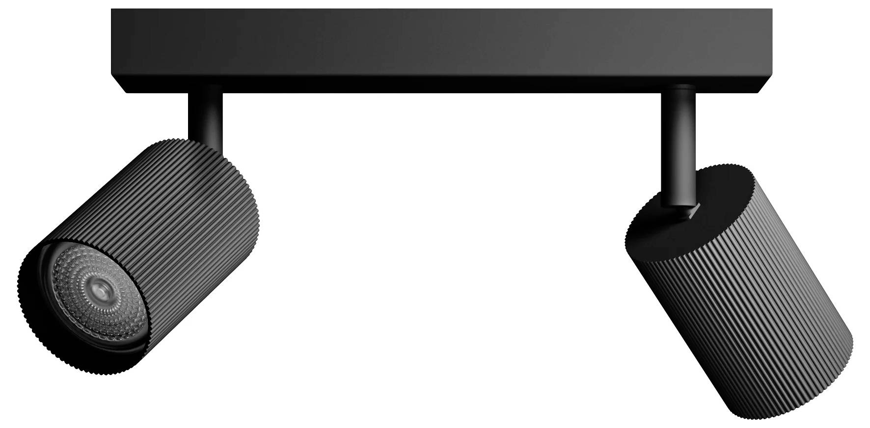 Two black adjustable track lights mounted on a ceiling bar, both angled downward.