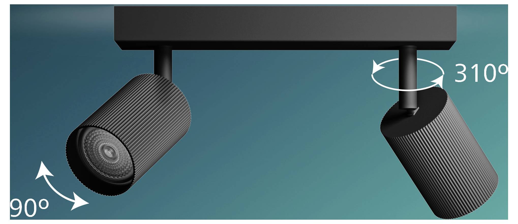 Two adjustable track lights on a ceiling mount with rotation indicators showing 90° and 310° swivel range.