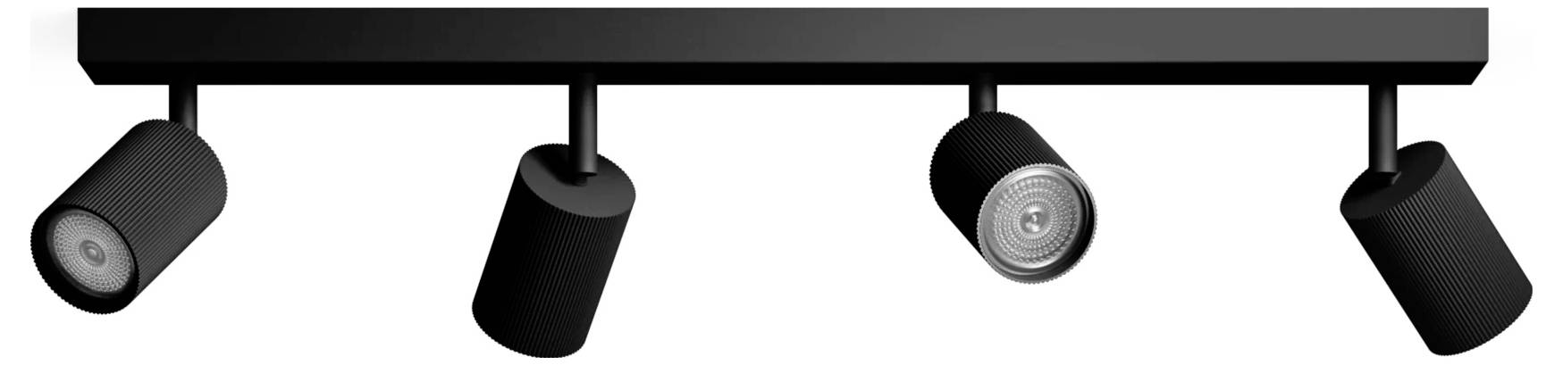 Four black adjustable ceiling track spotlights mounted on a horizontal rail, one angled down and three hanging at different angles.