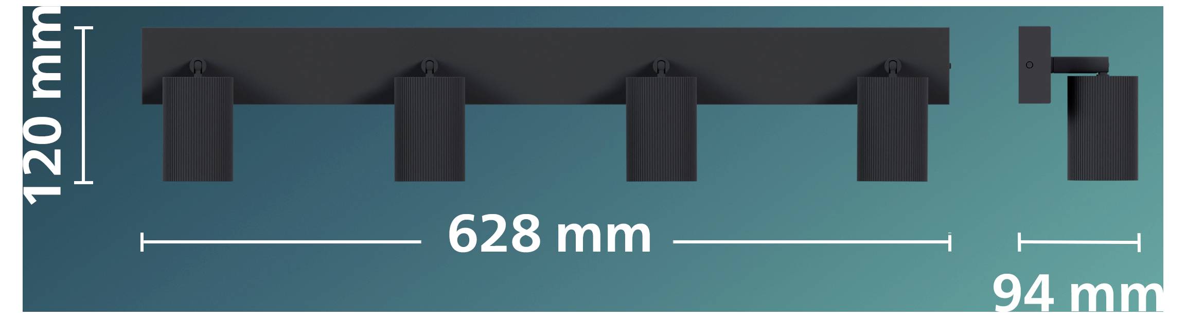 Top-view diagram of a lighting fixture: 628 mm long main section with four evenly spaced lamps, plus a 94 mm end section and 120 mm width label.<br>