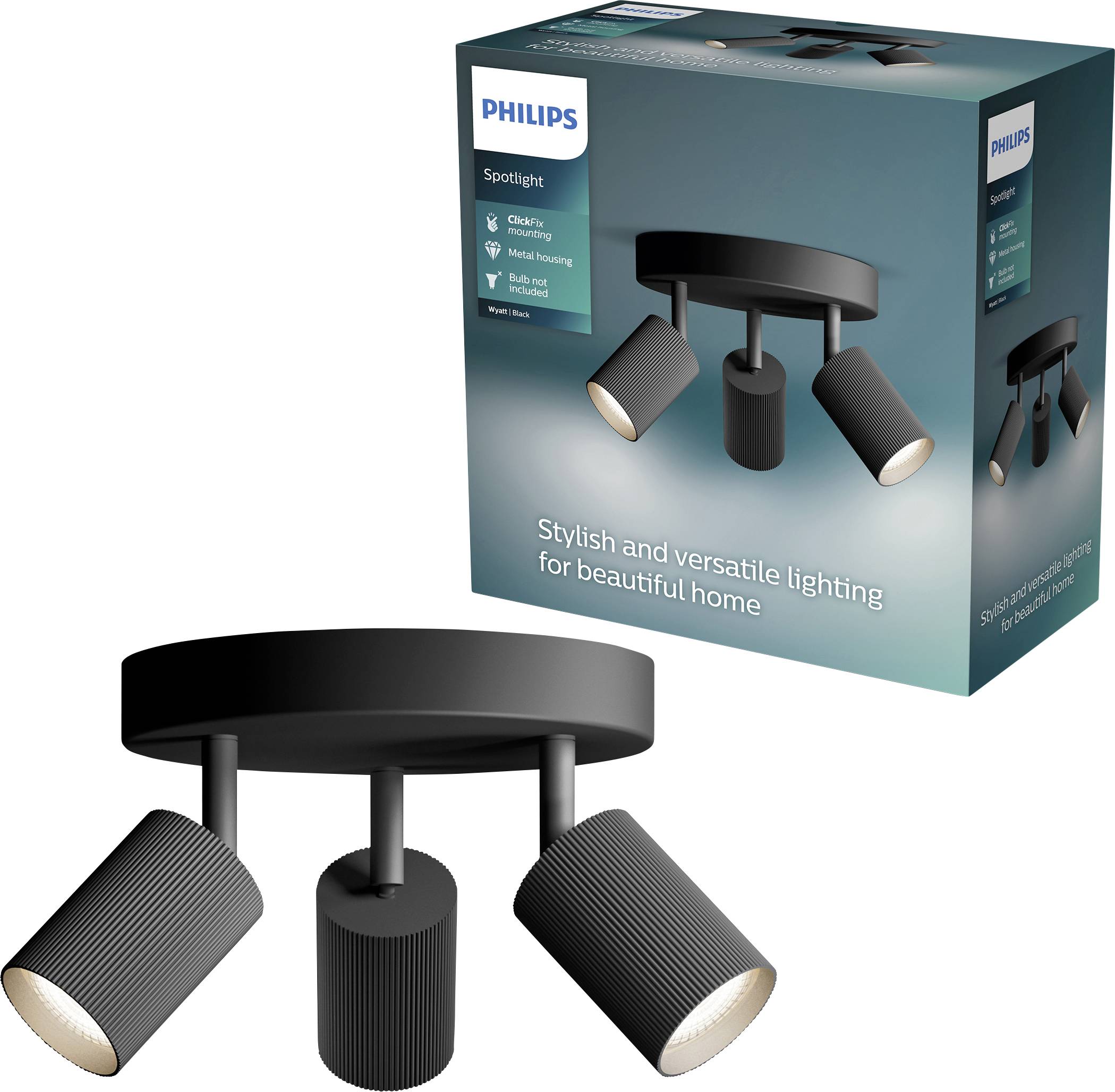 Philips spotlight ceiling light with three adjustable black cylindrical lamps, shown with product packaging labeled 'Stylish and versatile lighting for beautiful home'.