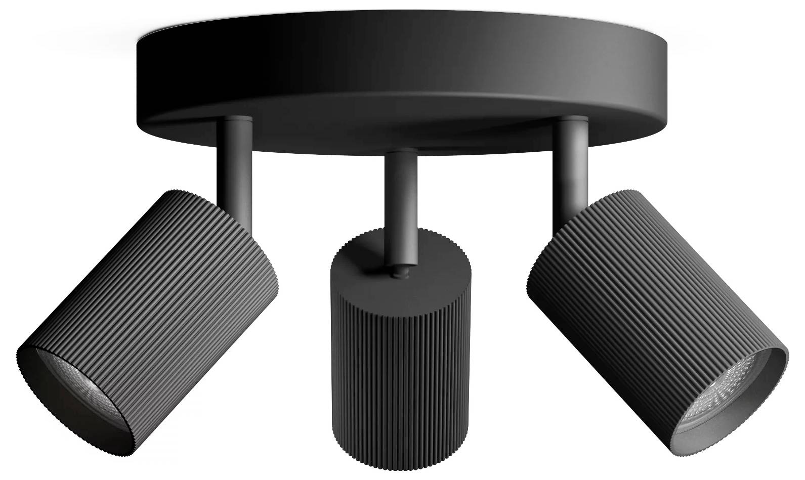 Three black cylindrical spotlights mounted on a round ceiling track, aimed downward and outward.
