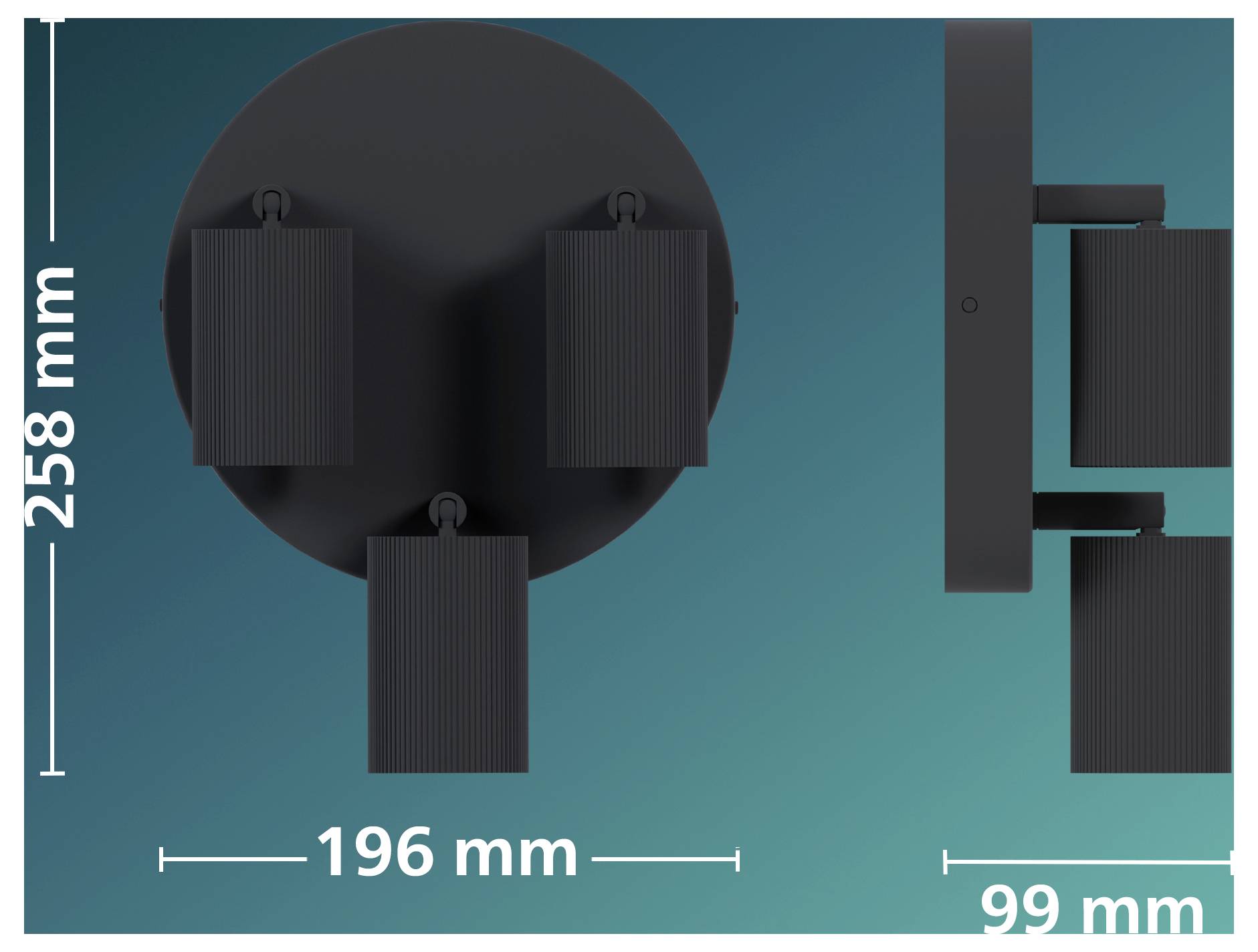 Product size diagram showing a round light fixture with three rectangular attachments, labeled 258 mm tall, 196 mm wide, and 99 mm deep.