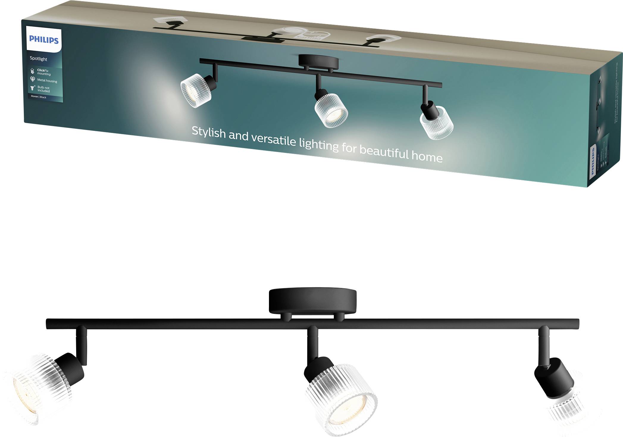 Philips three-light black track ceiling light, shown installed and in packaging, for stylish home lighting.