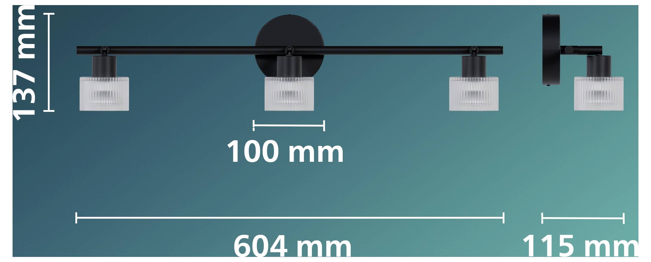 Diagram of a mounted light fixture showing dimensions: 137 mm height, 100 mm spacing, 604 mm total width, and 115 mm end section.
