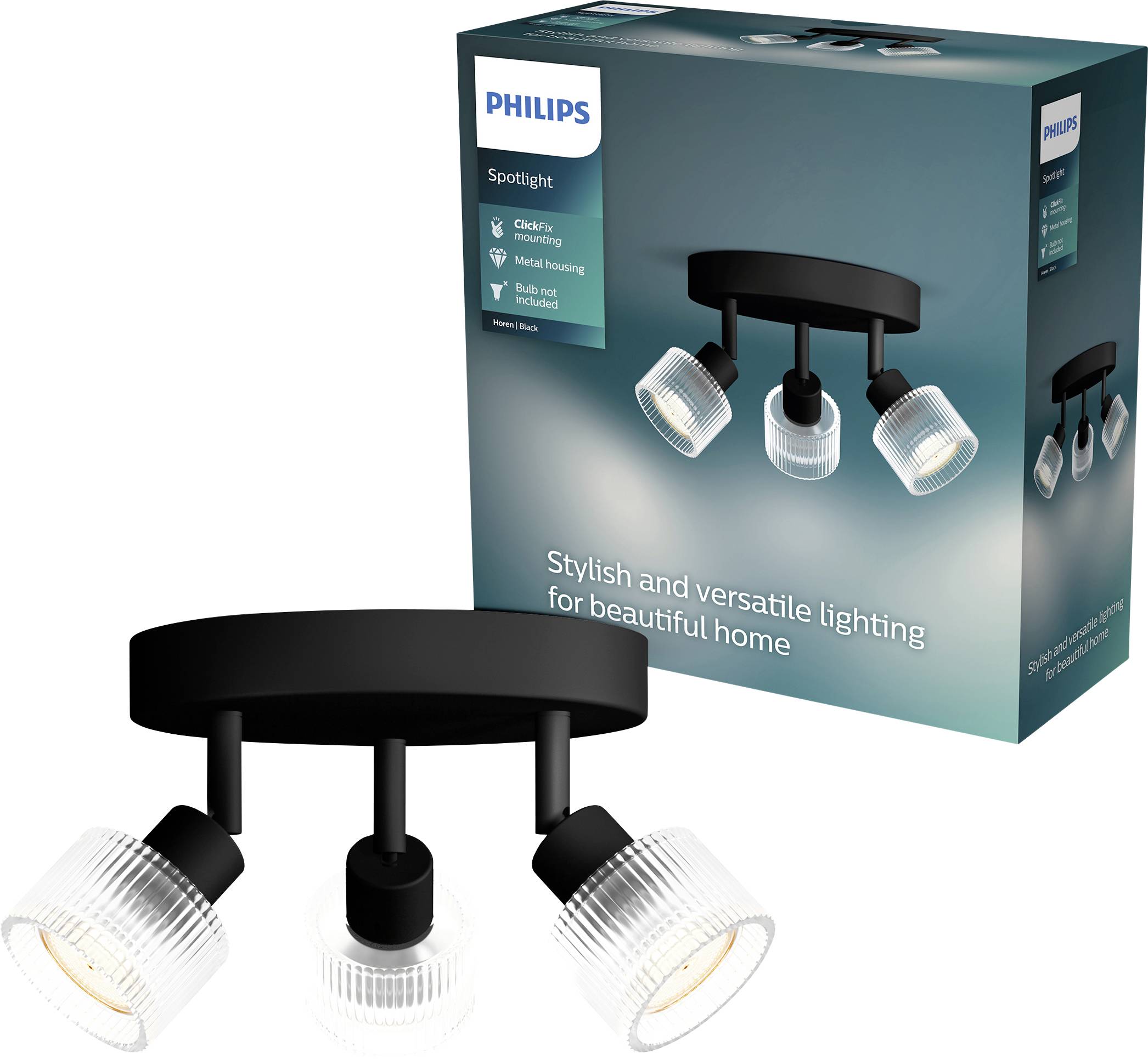Philips Spotlight three-light ceiling fixture with black base and clear glass shades, shown with its product box.