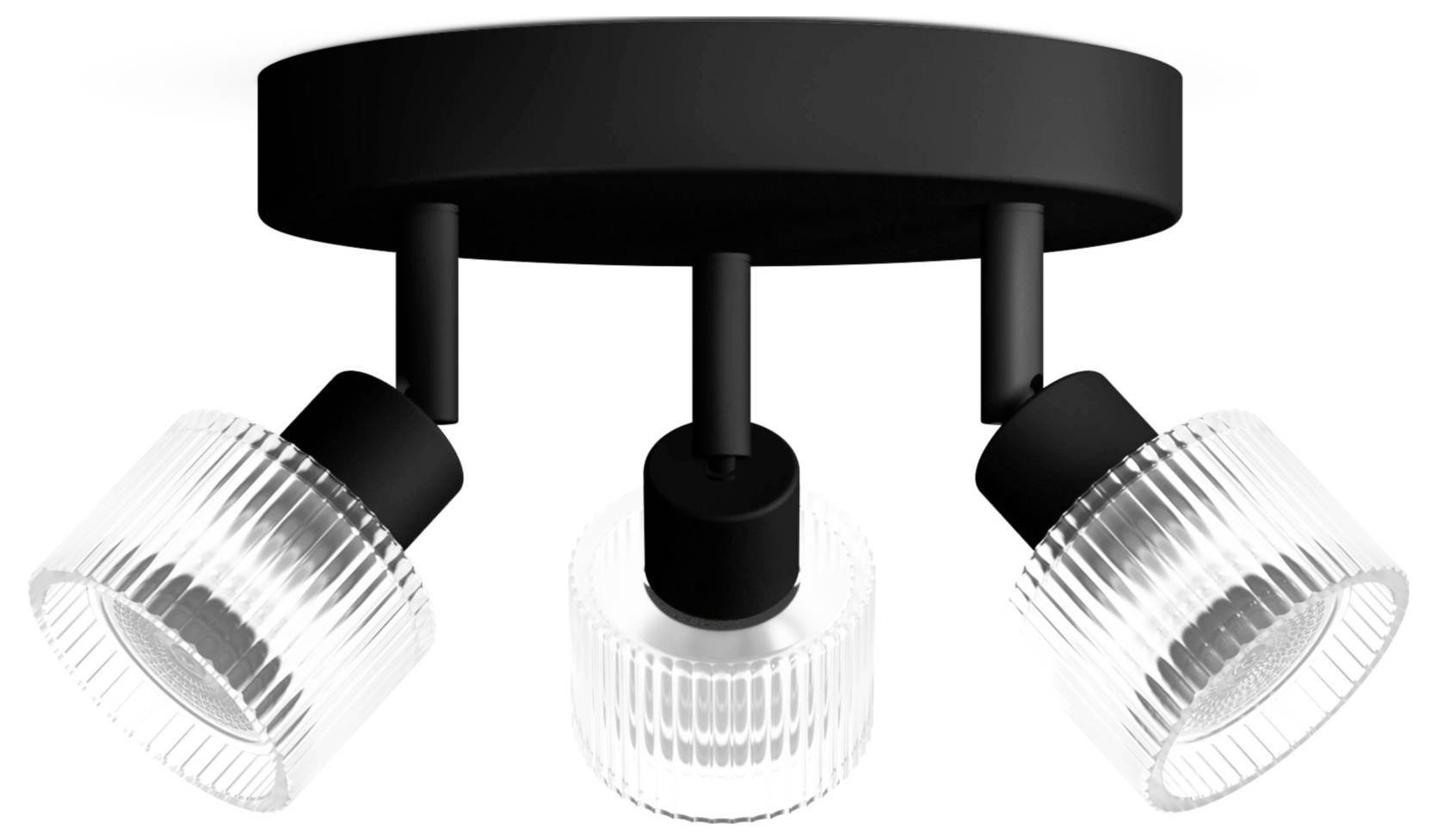 Three-light ceiling spotlight fixture with a black round base and adjustable ribbed glass shades, two angled outward and one facing down.