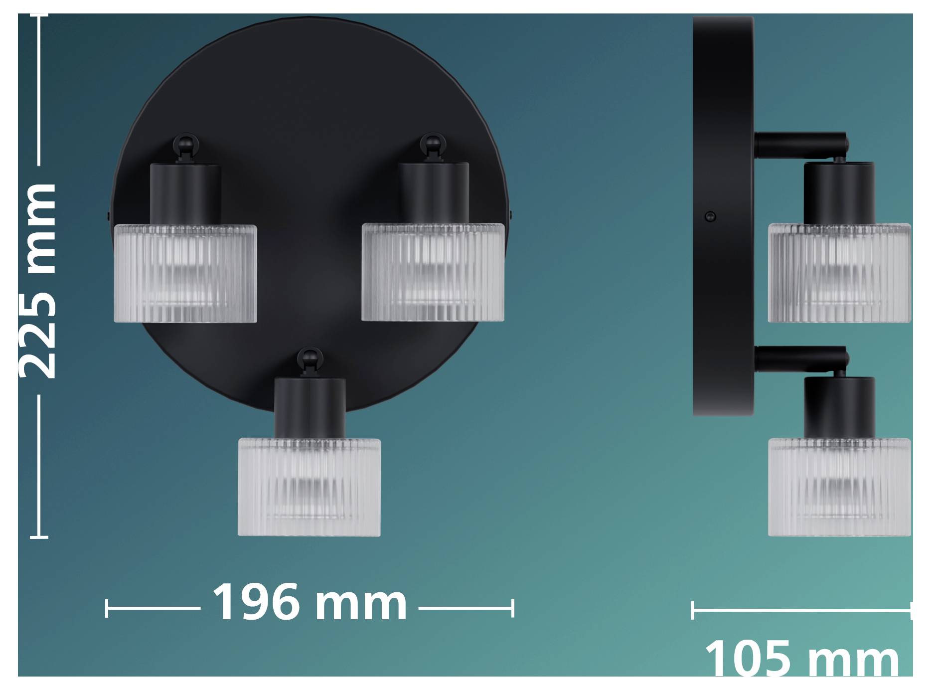Dimensions diagram of a black round wall light with three frosted glass shades, showing 225 mm height, 196 mm width, and 105 mm depth.