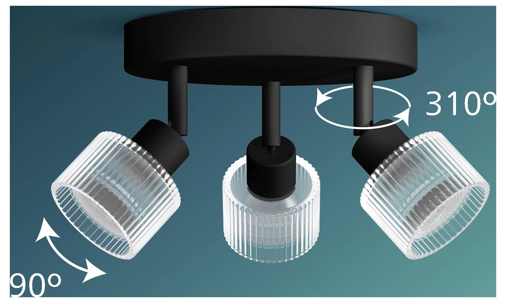 Three adjustable spotlights on a ceiling track, with arrows showing each light can rotate 90° and 310°.<br>