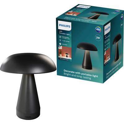 Black Philips LED portable table lamp shown beside its product box, labeled 2W and 'Decorate with portable light, Bright and long-lasting'.