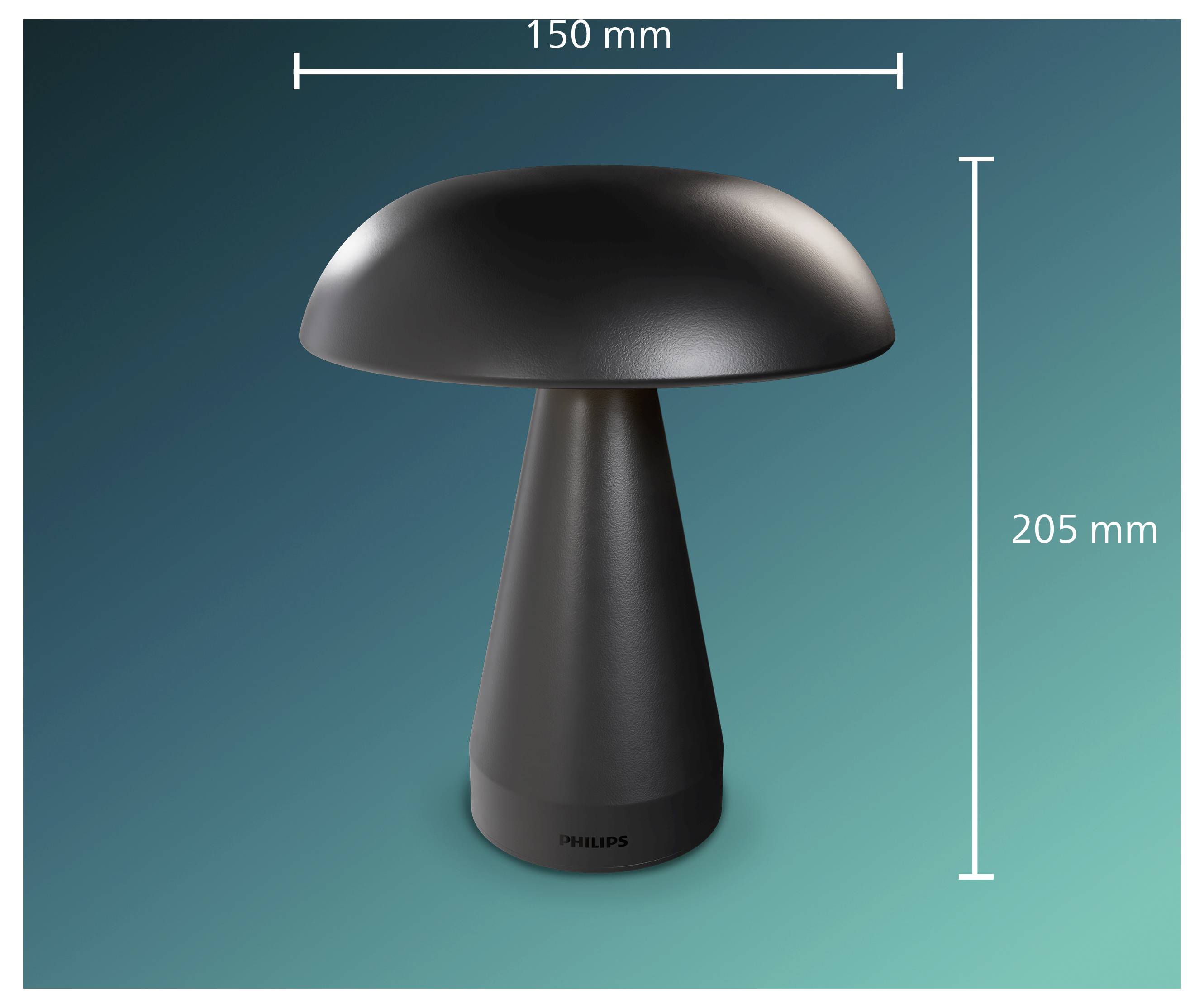 Product image of a black mushroom-shaped lamp or speaker, shown with dimensions 150 mm wide and 205 mm tall on a teal background.