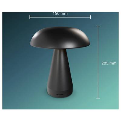 Product image of a black mushroom-shaped lamp or speaker, shown with dimensions 150 mm wide and 205 mm tall on a teal background.