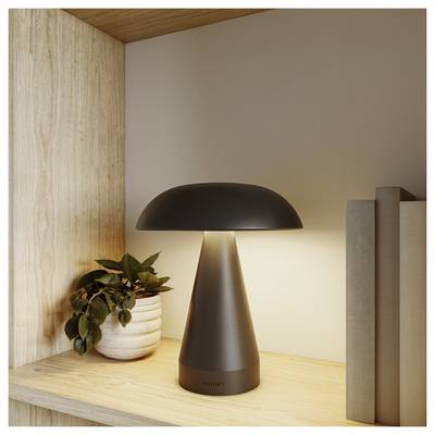Modern black mushroom-shaped table lamp glowing on a wooden shelf beside a potted plant and books.<br>