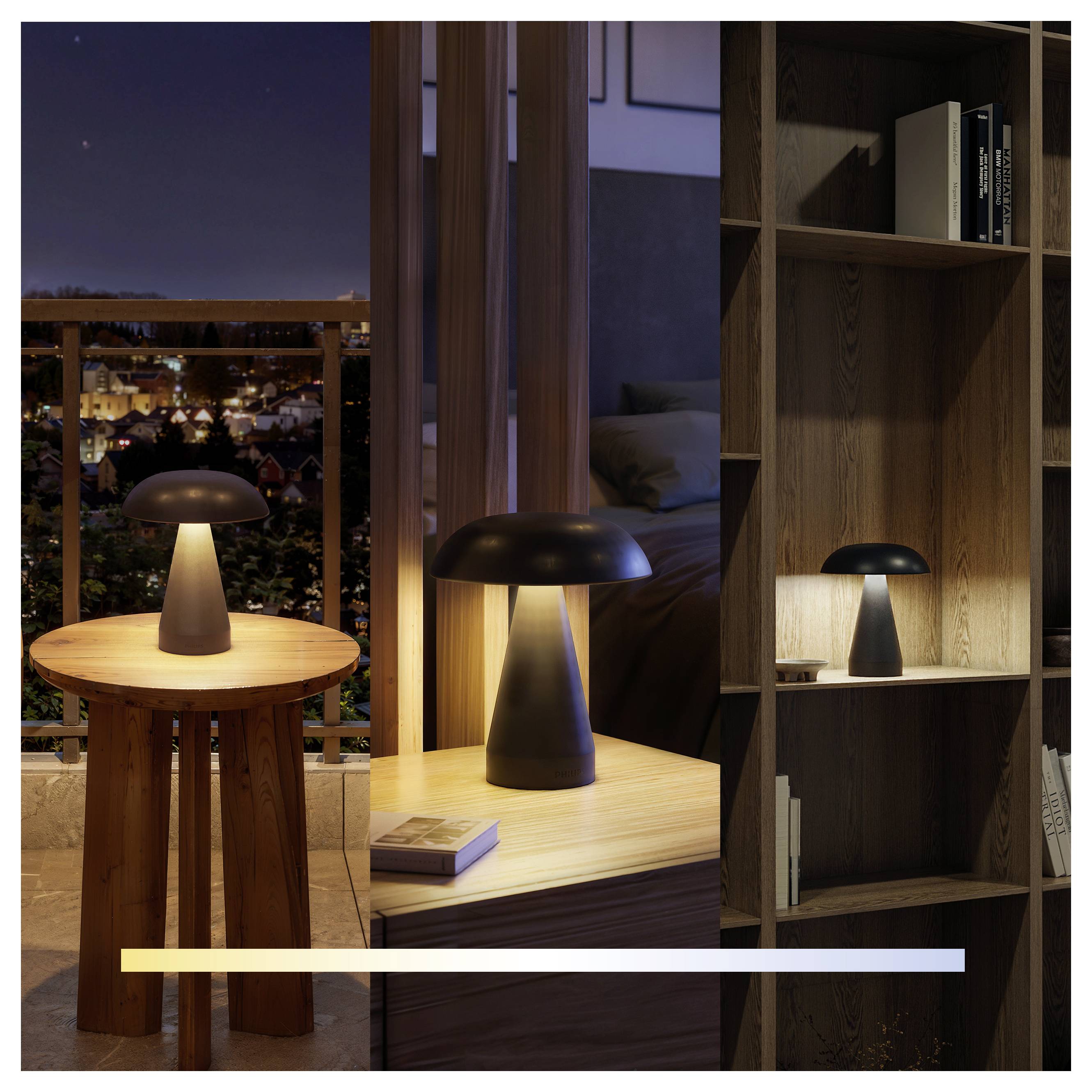 Three views of a modern black table lamp glowing on a wooden table, bedside table, and bookshelf in a warm, cozy interior at night.