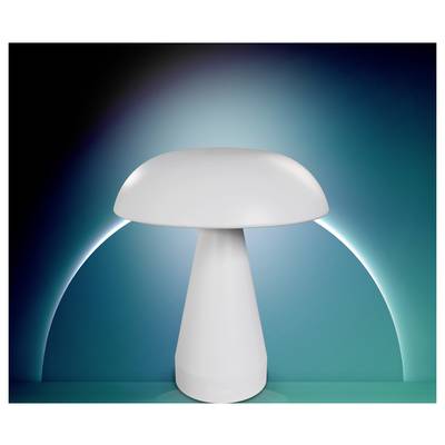 White mushroom-shaped lamp centered on a teal background with a glowing arc behind it.<br>