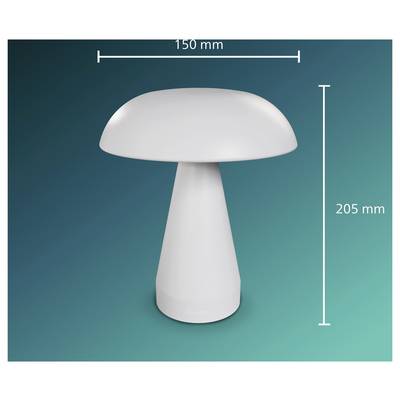 White mushroom-shaped table lamp on teal background, labeled 150 mm wide and 205 mm tall.