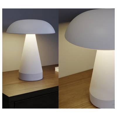 Modern white table lamp with a mushroom-shaped shade, lit on a wooden desk in two close-up views.