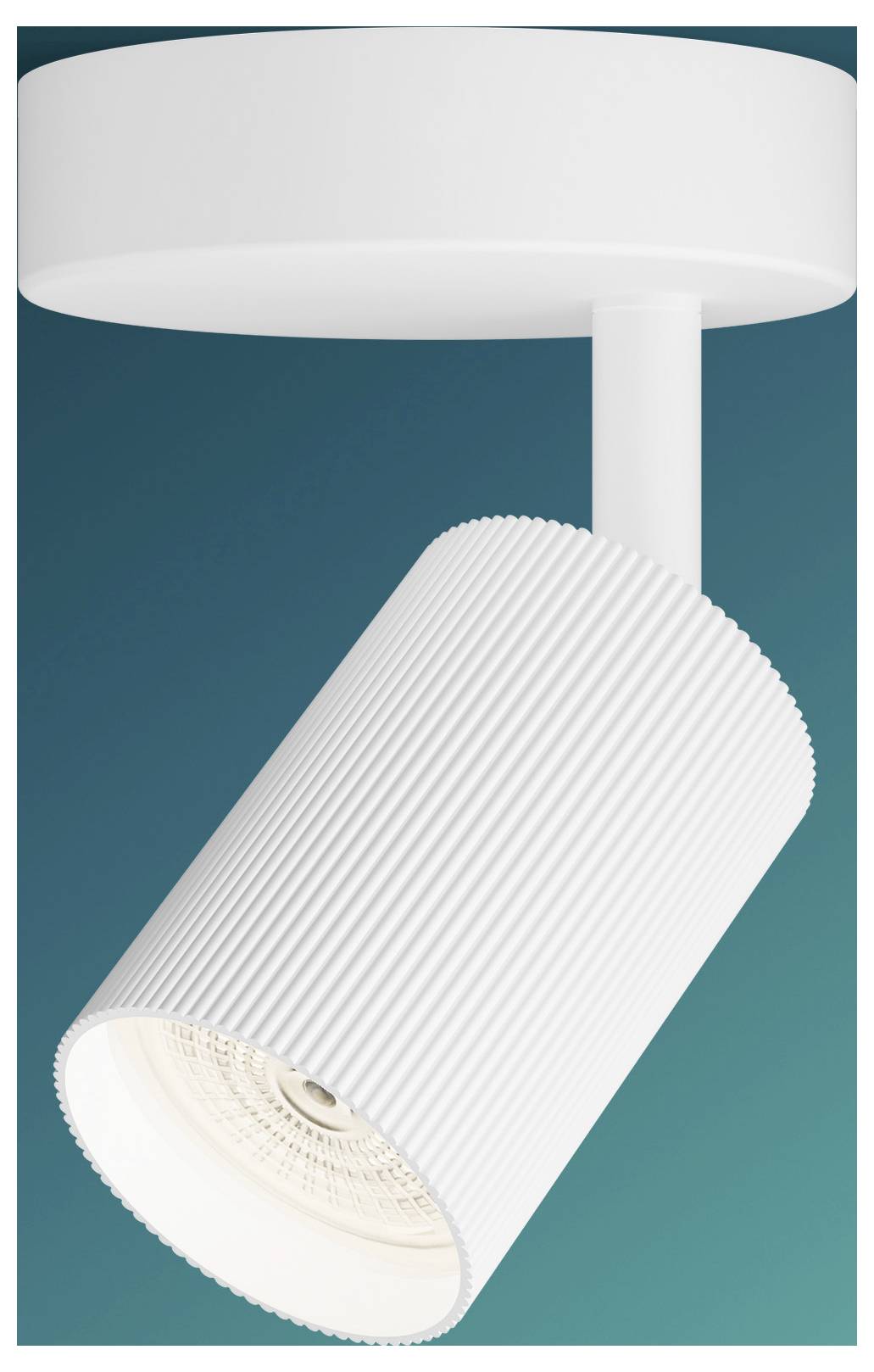 A white adjustable spotlight mounted on a ceiling, angled downward against a teal background.