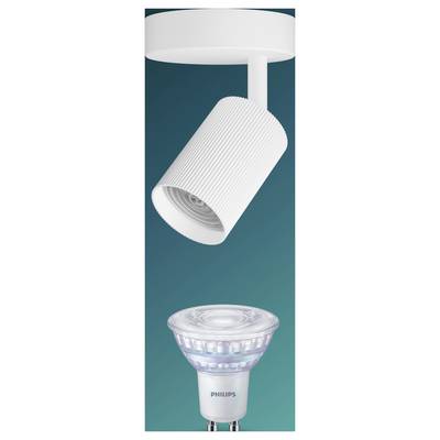 Stylized Philips LED spotlight bulb shown detached into parts, with a ribbed cylindrical body and reflector lens, on a teal gradient background.