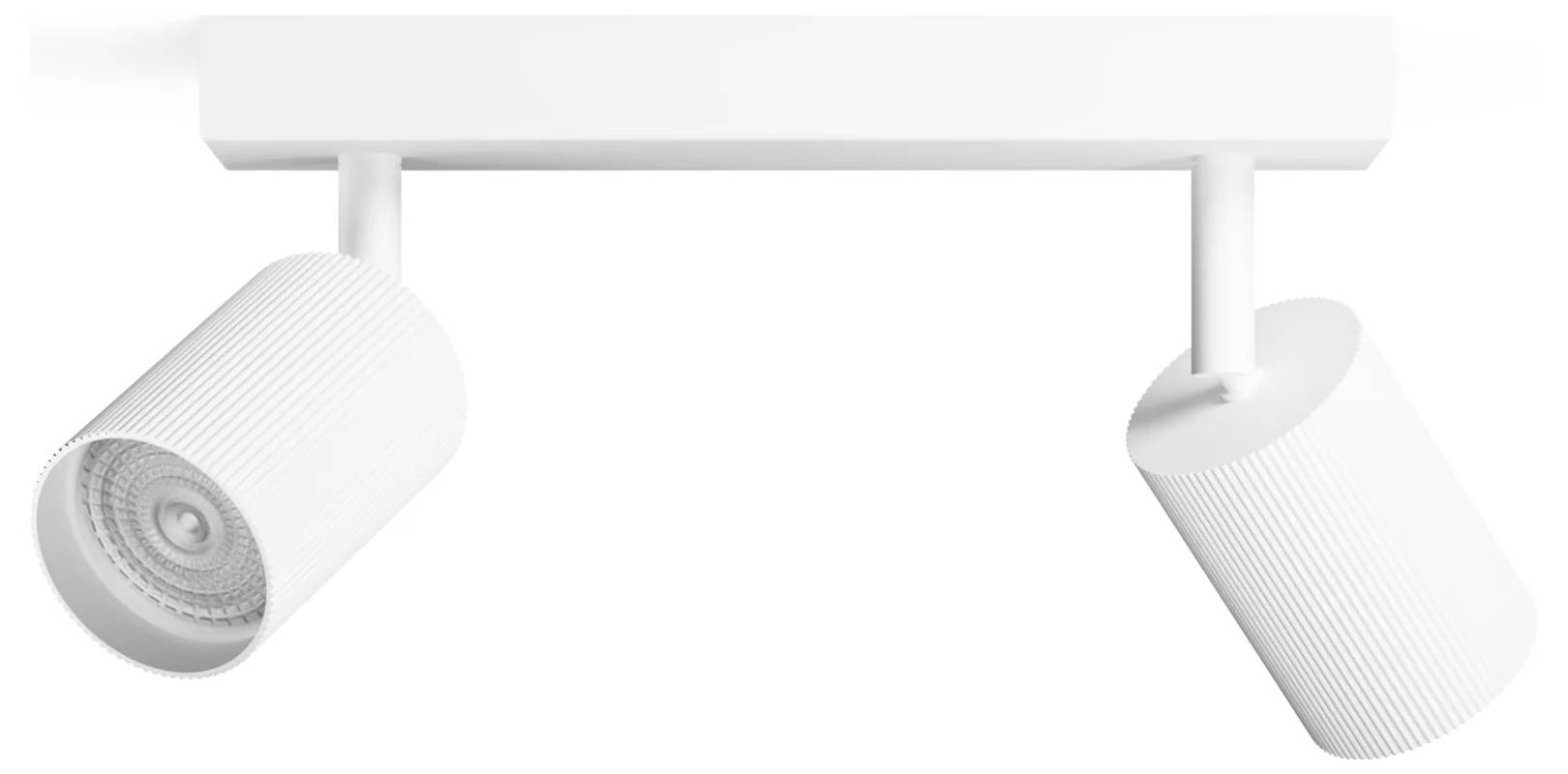 Two white adjustable track spotlights mounted on a ceiling rail, aimed in different directions.