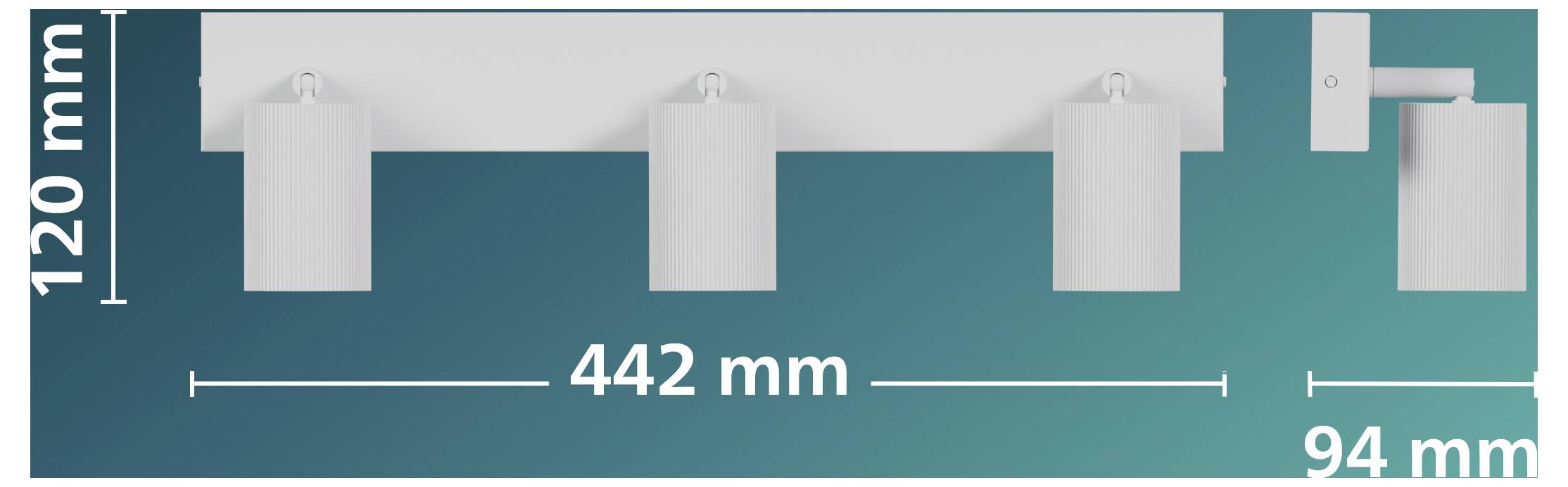 Technical dimension drawing of a white component on teal background, showing widths of 442 mm, 120 mm, and 94 mm.